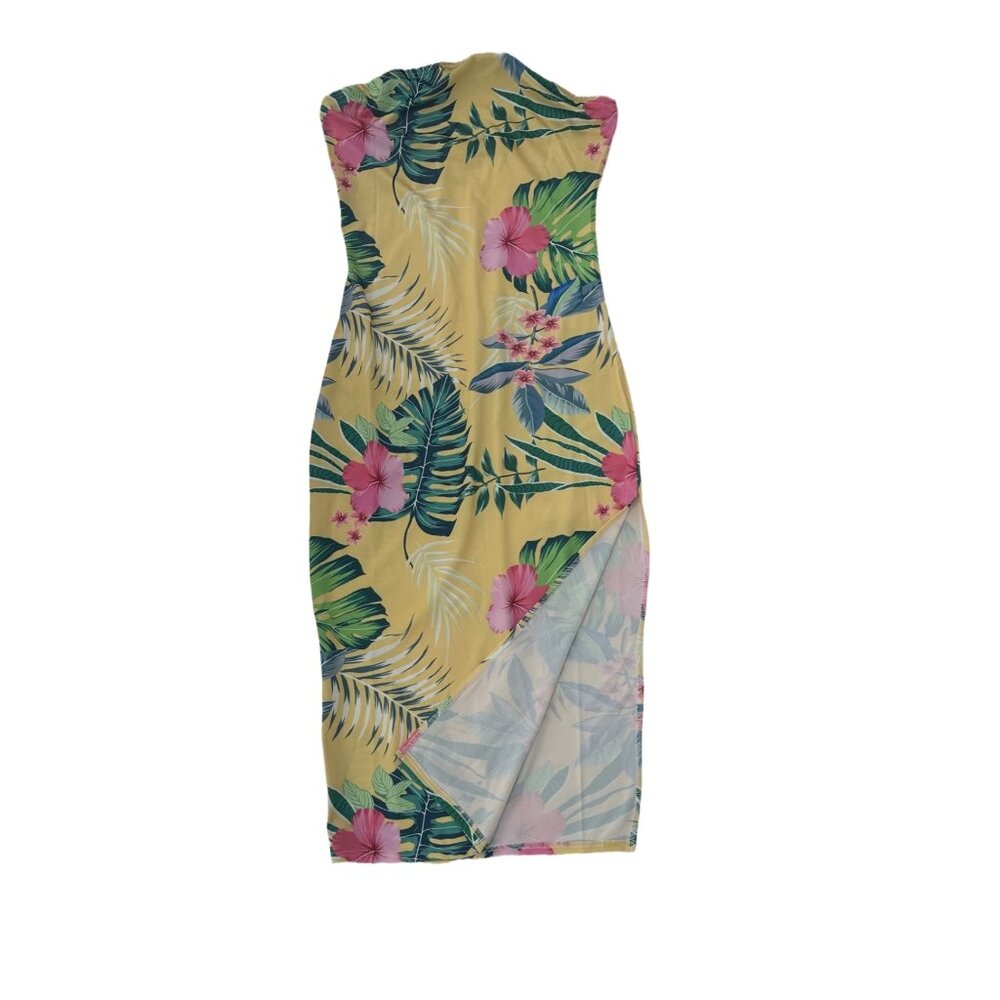 Yellow Floral  Print Strapless  Mini Dress with a Solid Slit Size Medium - Picture 4 of 5